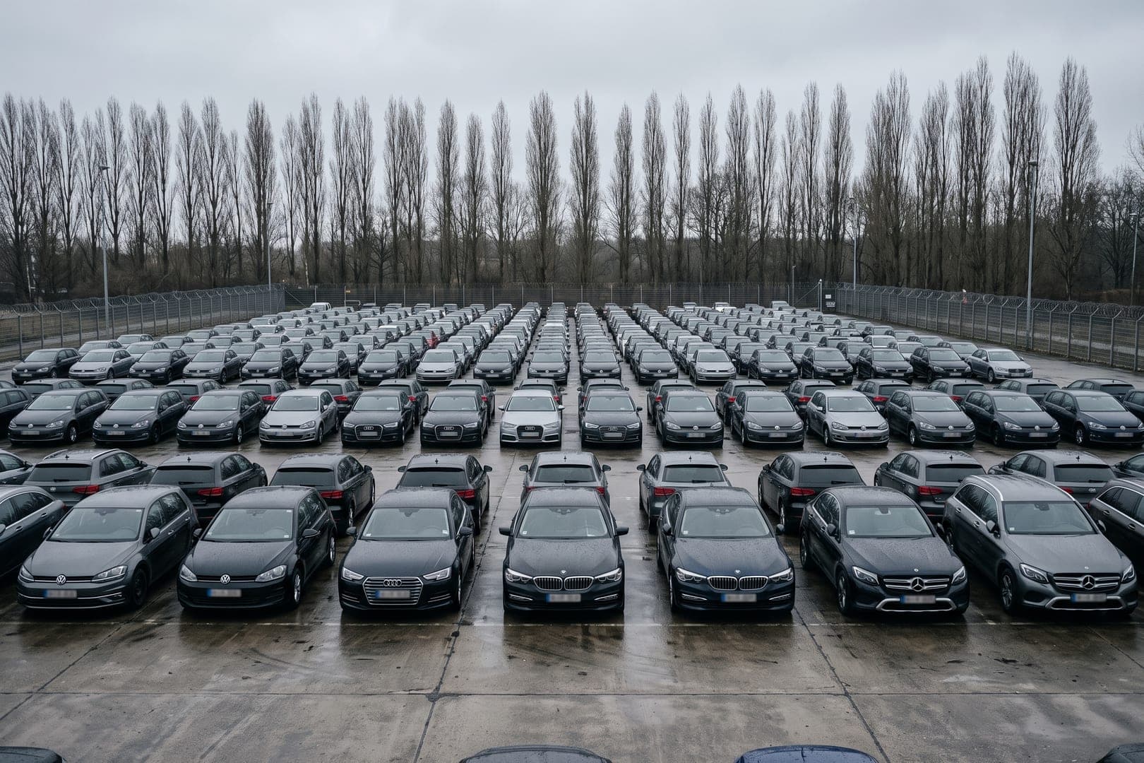 Explanada logística del norte de Europa con filas de coches sobre el hormigón mojado y una hilera de chopos sin hoja al fondo.