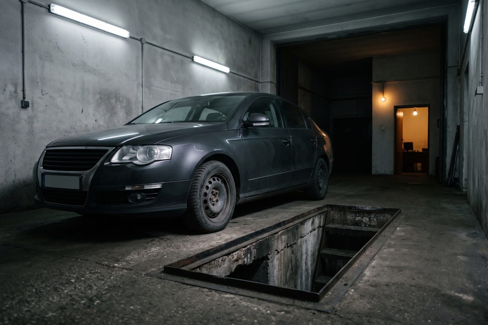 Nave de inspección técnica vacía de noche, con una berlina oscura sobre el foso y los fluorescentes encendidos en el techo.